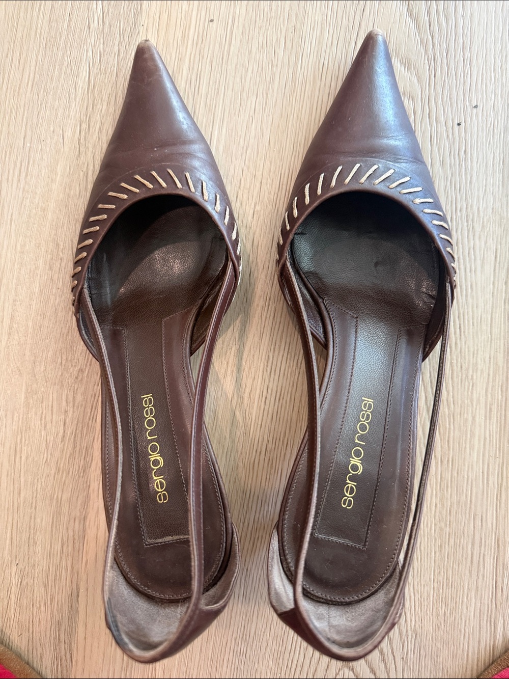 Sergio Rossi Dark Brown Pointed Toe Slingback Heels with Gold Stitching